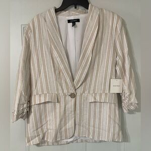 Ellen Tracy Linen Blend Striped Neutral 3/4 Sleeve Blazer Size Medium Coastal